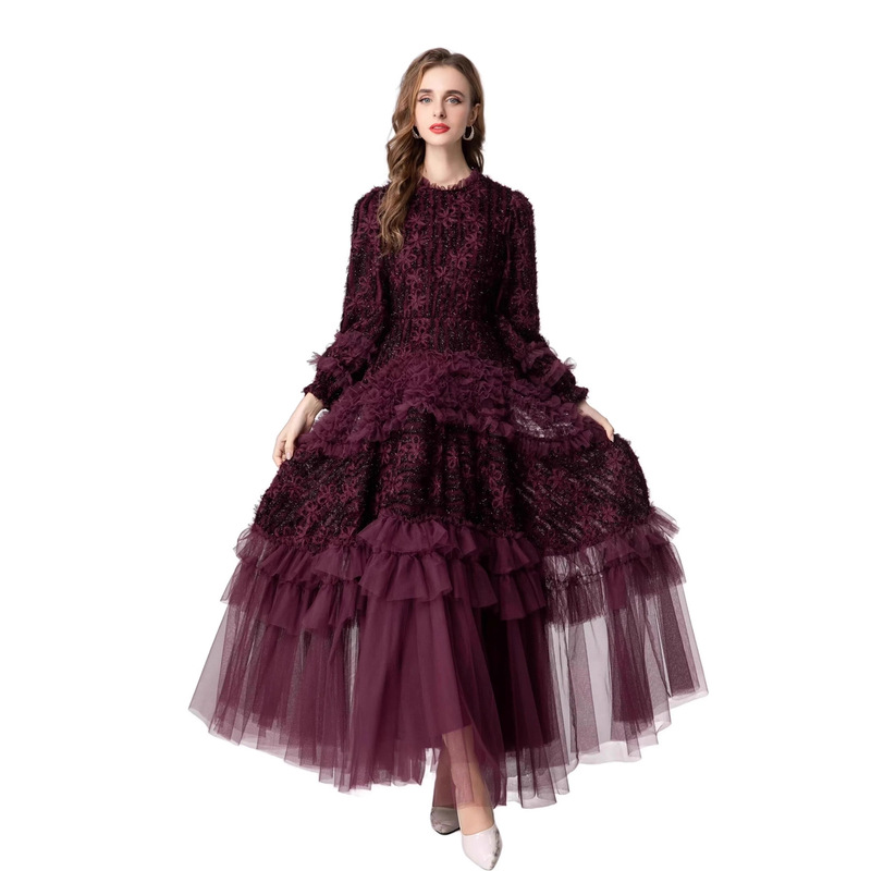 Gorgeous High-End Burgundy Mesh Cake Skirt with Stereo Pattern, Retro and Elegant Dinner Party Long Dress