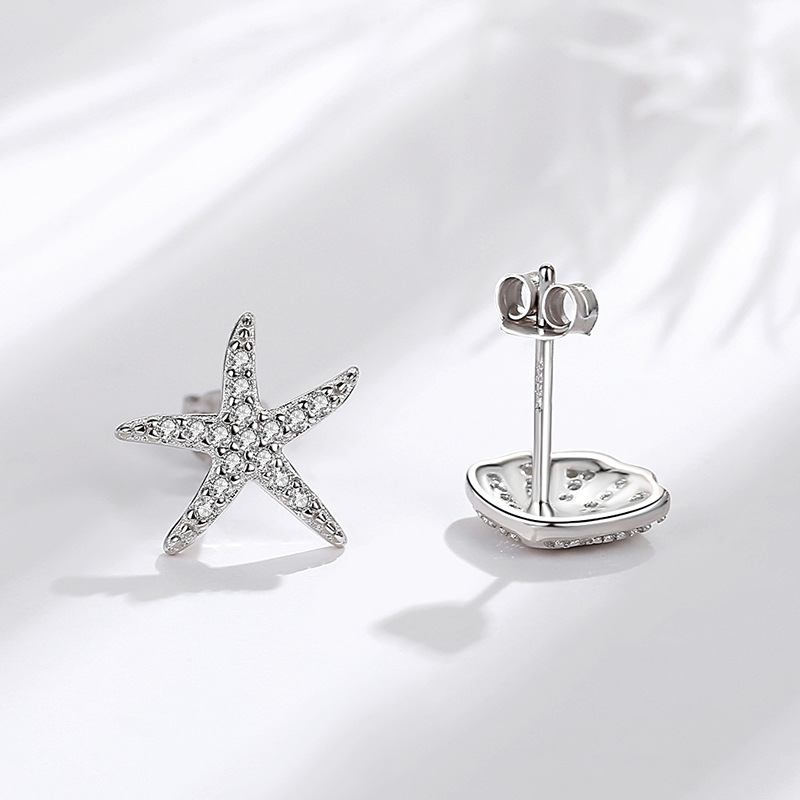 S925 plata esterlina Shell Starfish Stud pendientes para mujeres estilo japonés y coreano diamante completo diseño creativo asimétrico pendientes ins estilo