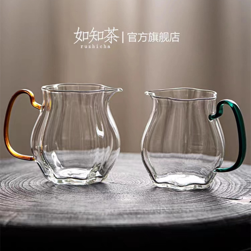 Glass Fairness Cup with Colorful Handle, High Borosilicate Tea Divider in Lake Green, Flower-Design Tea Server, Green Tea Brewing Pot, Melon-Shape Cup