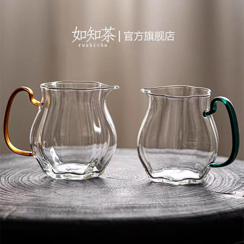 Glass Fairness Cup with Colorful Handle, High Borosilicate Tea Divider in Lake Green, Flower-Design Tea Server, Green Tea Brewing Pot, Melon-Shape Cup