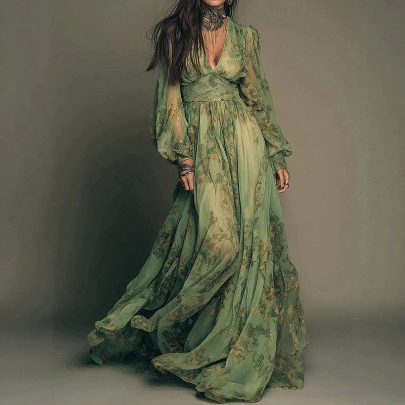 2026 European and American cross-border Amazon independent site best-selling pastoral style bohemian print V-neck long-sleeve dress 2026 European and American cross-border Amazon independent site best-selling pastoral style bohemian print V-neck long-sleeve dress