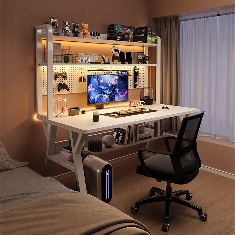 Study desk for students, home use, integrated desk with perforated board and bookshelf, bedroom desk, computer desk, office desktop, gaming desk