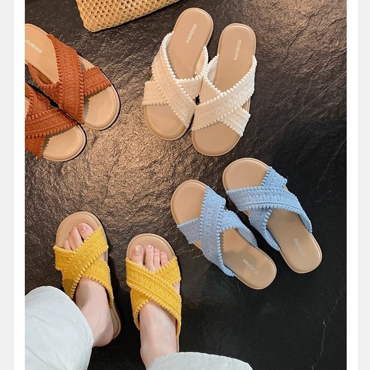 Dos versiones de sandalias planas de Grape Mom ~ Sandalias y pantuflas de punta abierta tejidas cruzadas estilo vacaciones verano femenino