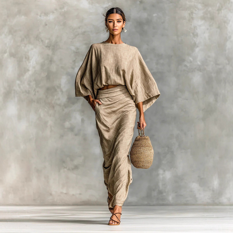 In-Stock Cross-Border Foreign Trade Women's Cotton and Linen Autumn and Winter Matching Set Batwing Sleeve Top Versatile Pocket Back Slit Long Skirt