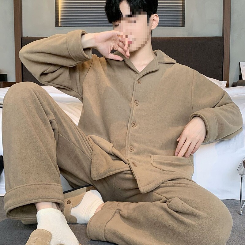 Polar Fleece Warm Pajamas Men's Double-Sided Autumn and Winter Thickeneded Fleece-Lined Winter Coral Simple Men's Home Wear Set