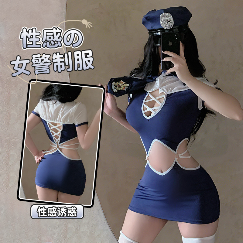 Sexy police hollow-out lace-up Navy sailor suit jumpsuit uniform seductive role play suit sexy lingerie