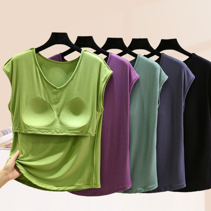 Thin Modal Sleeveless T-Shirt Top for Women in Summer with Padded V-Neck Vest, Large Size Slimming Look, Bra-Free Home Wear Thin Modal Sleeveless T-Shirt Top for Women in Summer with Padded V-Neck Vest, Large Size Slimming Look, Bra-Free Home Wear