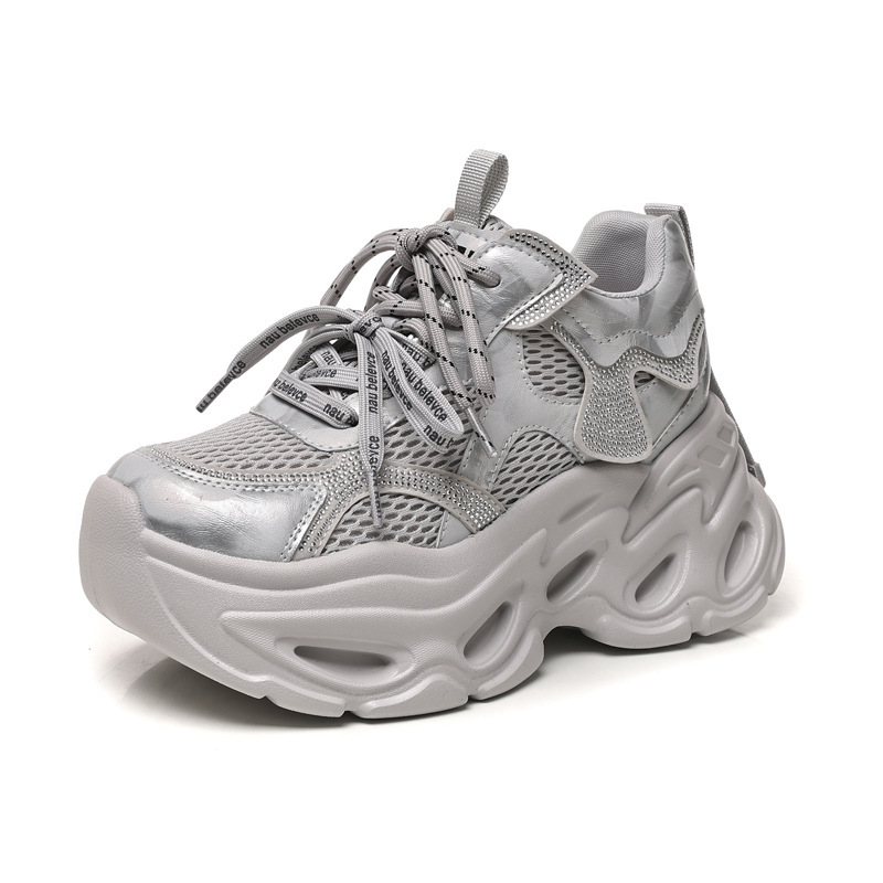 Giày sneaker nữ chunky đế dày tăng chiều cao, đính đá rhinestone, phong cách thể thao — Màu súng