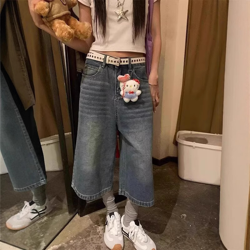 American Style Retro High Waist Denim Capri Pants Women's Summer High Street Design Sense Straight Loose Slimming Wide Leg Trendy Pants American Style Retro High Waist Denim Capri Pants Women's Summer High Street Design Sense Straight Loose Slimming Wide Leg Trendy Pants