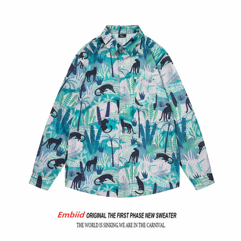 Thai Jungle Panther Plant Full Printed Shirt Long-sleeved Men's Fashionable and Handsome Casual Loose Shirt Spring and Autumn Jacket