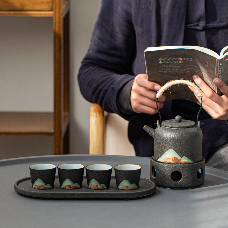 Yuanshan black pottery tea set home simple ceramic Japanese Zen office reception teapot tea cup wholesale