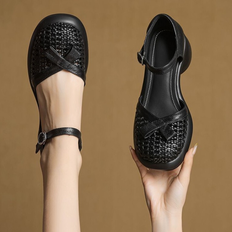 Tall and Thick-Soled Fashionable and Versatile Summer Woven Hollow Toe Sandals for Women with High Heels and Roman Shoes for Small People