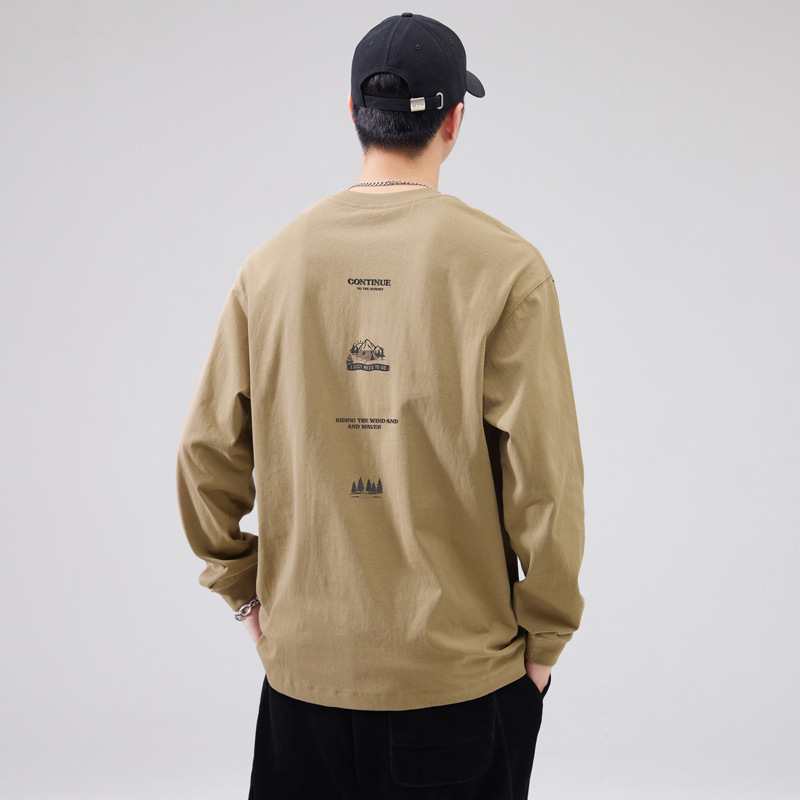 Autumn New Heavy Cotton Long-sleeved T-shirt Men's Loose plus size American Style Retro Mountain Printed Casual T-shirt