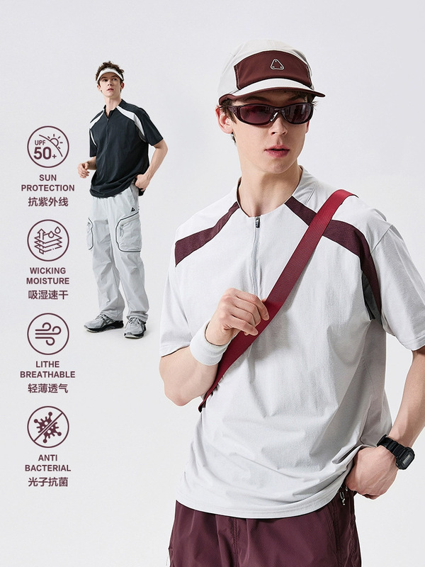 OOTD アウトドア カラーブロック ハーフジップ 速乾 スポーツ Tシャツ メンズ 夏 日焼け止め 薄手 涼しい 抗菌 カップル 半袖|undefined