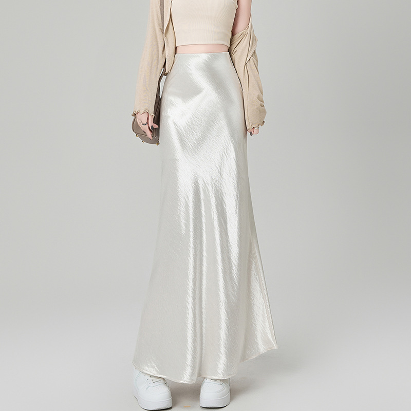 Acetic Acid Satin Fishtail Skirt Women's Spring 2025 ElapTIC High Waist Dipped A- Shaped Hip Covering Mid-Length Skirt