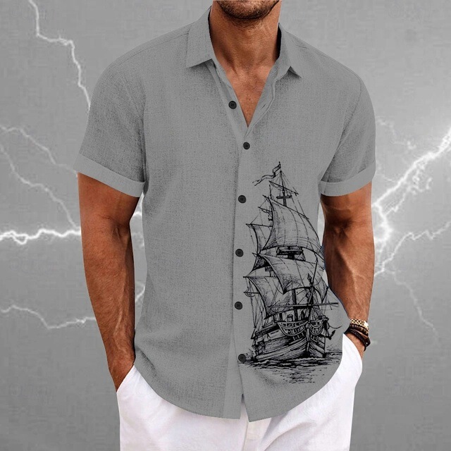 Cross-Border Foreign Trade Summer New European Size Men's Hot-Selling High-End Sailing 3D Digital Print Short-Sleeve Shirt in Stock