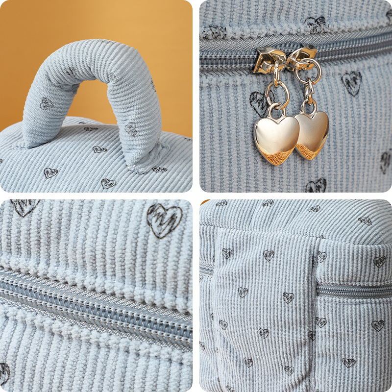 新しいコーデュロイ桃心化粧バッグ大容量高级感ポータブル化粧品収纳バケツバッグ