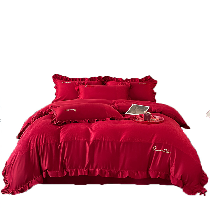 Juego de cuatro piezas de boda de alta gama, funda de edredón de algodón lavado rojo grande, sábana, sábana, ropa de cama para bodas