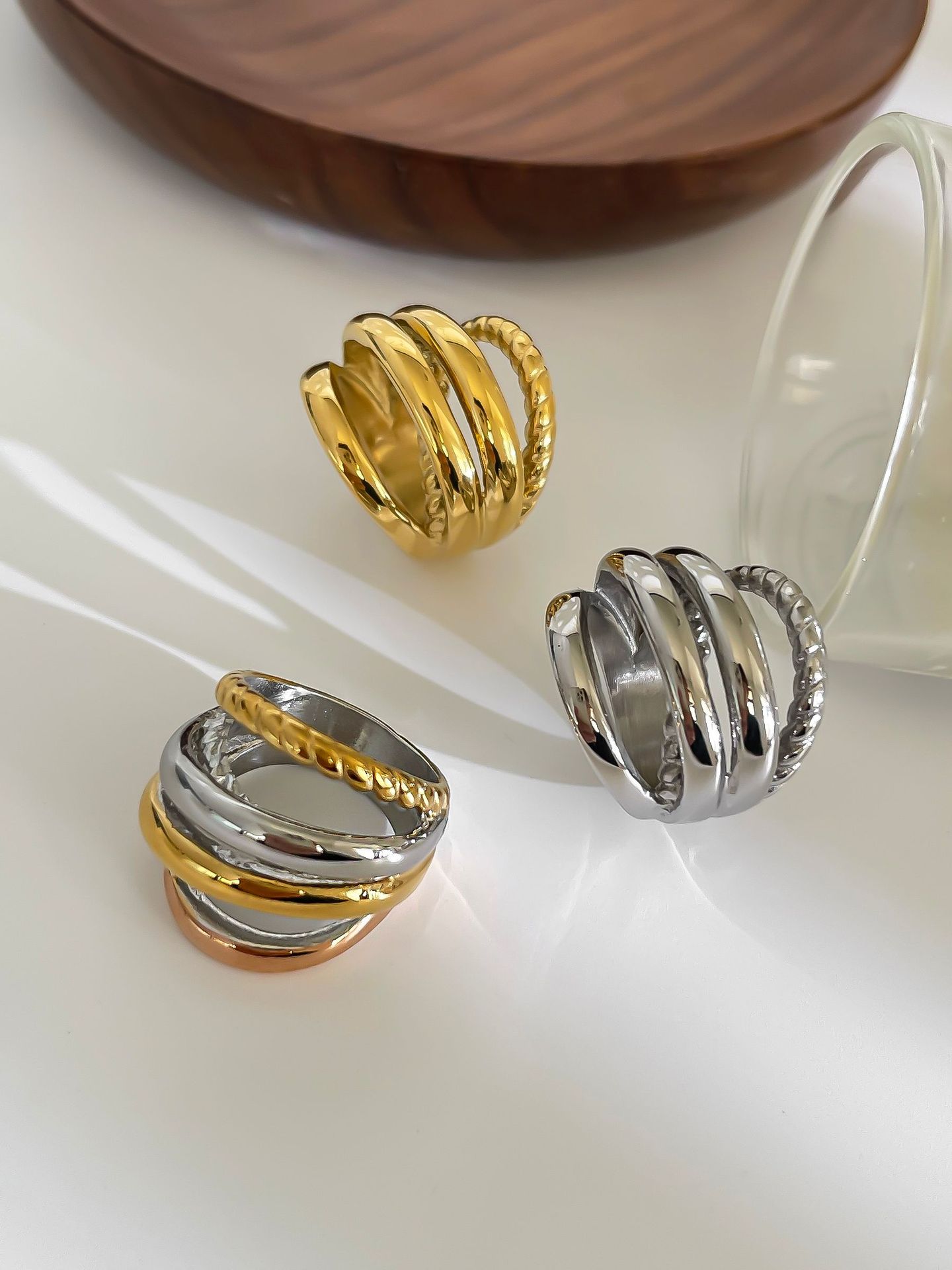 Geometric Pattern PVD Coated Real Gold Plated Geometric 304 Stainless Steel Vintage Style Classic Style Waterproof Non Tarnish Surgical Steel Rings