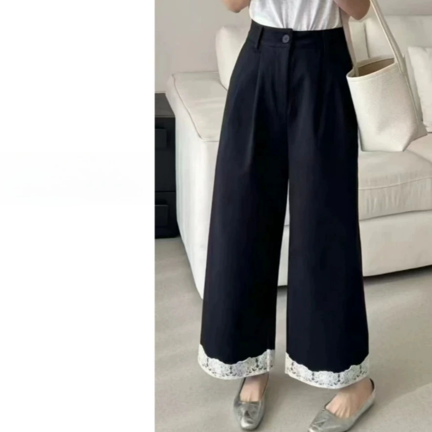 Кружевная твила весенняя новая мода тонкая, свободная повседневная дикая широкая штаны женские черные