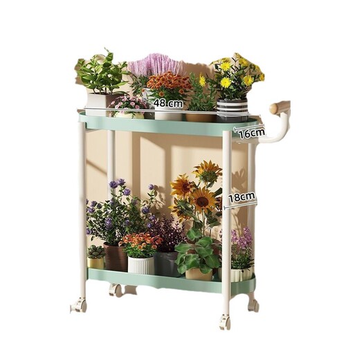 Living room accent small side table, floor-standing, movable with wheels, suitable for small apartments, iron and cream style, small push cart, storage and display rack