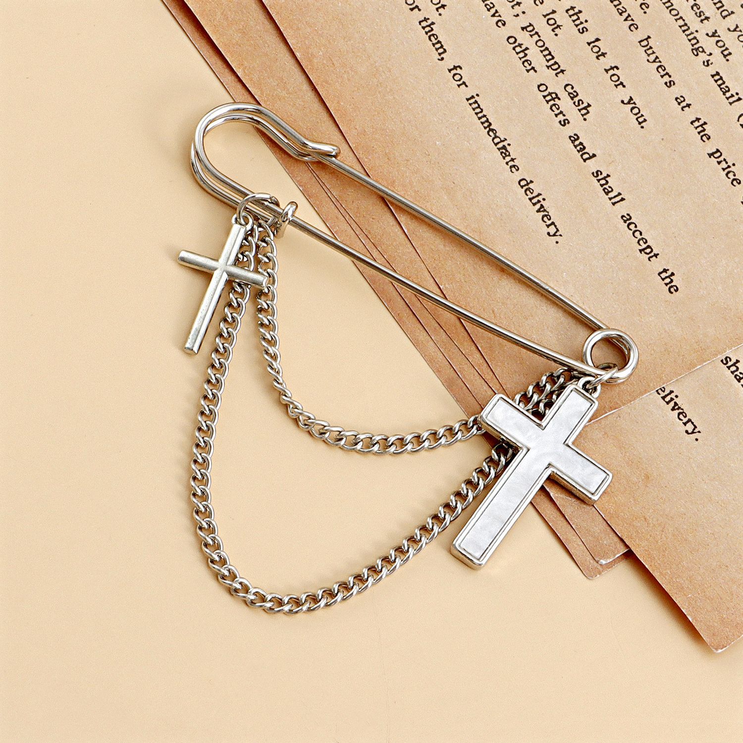 European and American Cross-border Jewelry ins White Fritillaria Cross Pendant Tassel Brooch Women's Small Fragrance High-end Pin Accessories