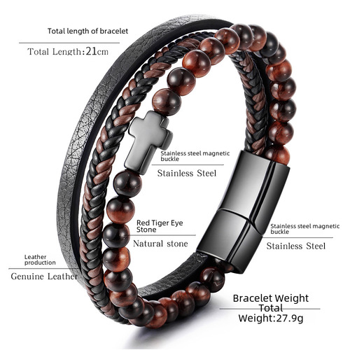 Cross Bracelet Men Titanium Steel Multi-layer Woven Leather Bracelet Stainless Steel Natural Tiger Eye Agate Cross 
