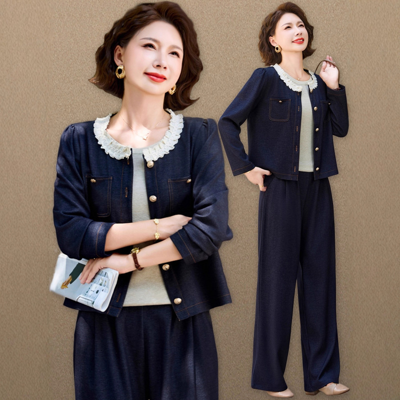 Tweed Style Mom's Autumn Denim Suit, Middle-Aged and Elderly Women's Spring and Autum Outwears, Elegant Tops, Wide-Leg Pants Two-Piece Set