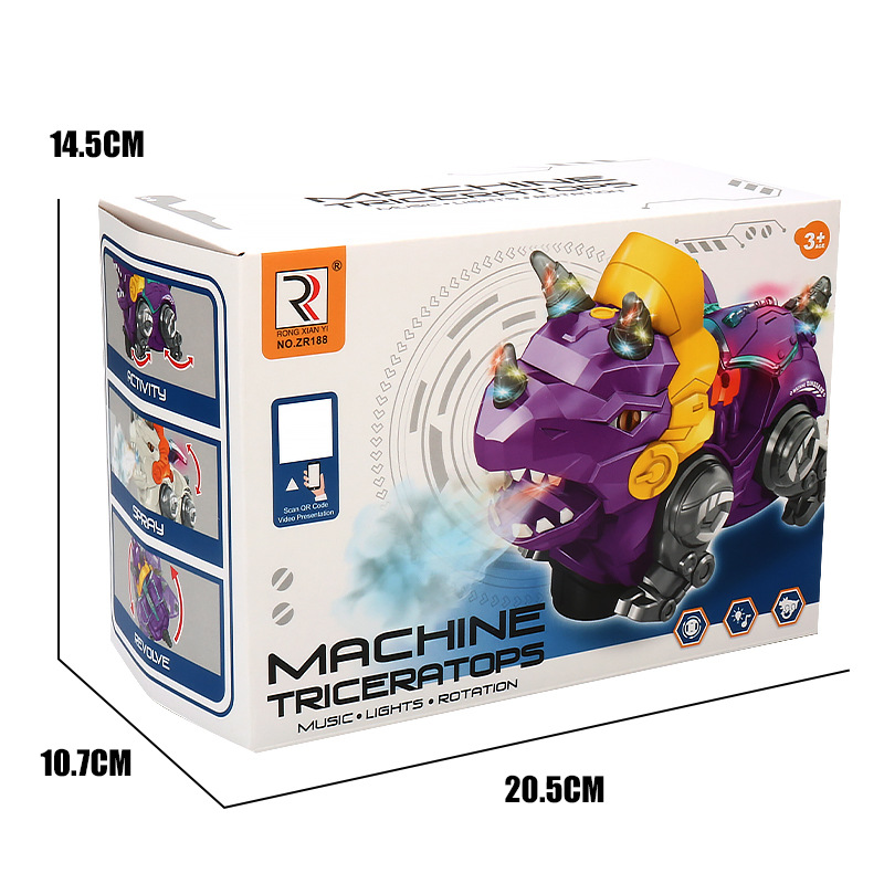 Juguetes de dinosaurios de simulación de pulverización eléctrica para niños acrobacias giratorias triceratón música iluminación juguetes para niños