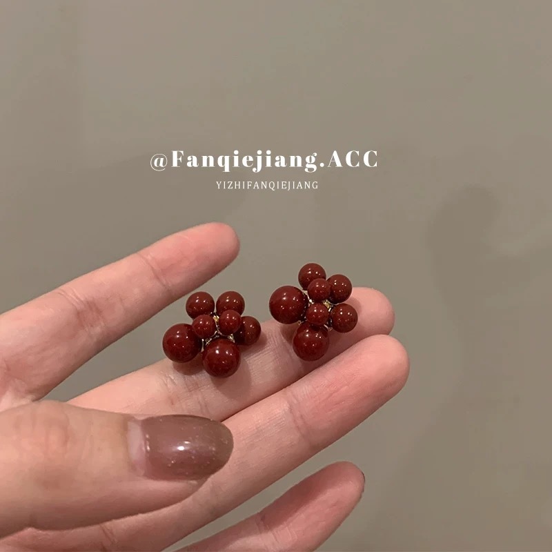 銀針樹脂フラワーライスビーズフラワークラスターイヤリング、小さくて新鮮で甘いイヤリング、ファッショナブルで多用途なデザインのニッチイヤリング|undefined
