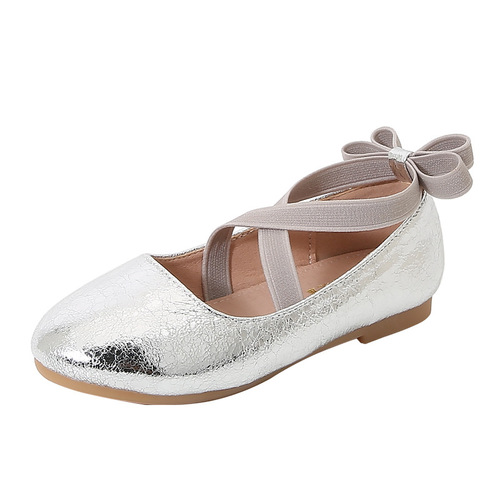 Girls' leather shoes new style gold and silver powder crackle pattern shiny children's dance performance single shoes soft sole western style princess shoes