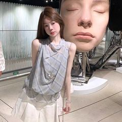 韩系蓝色无袖格纹t恤女夏季2025新款轻奢高级感气质背心荡领上衣