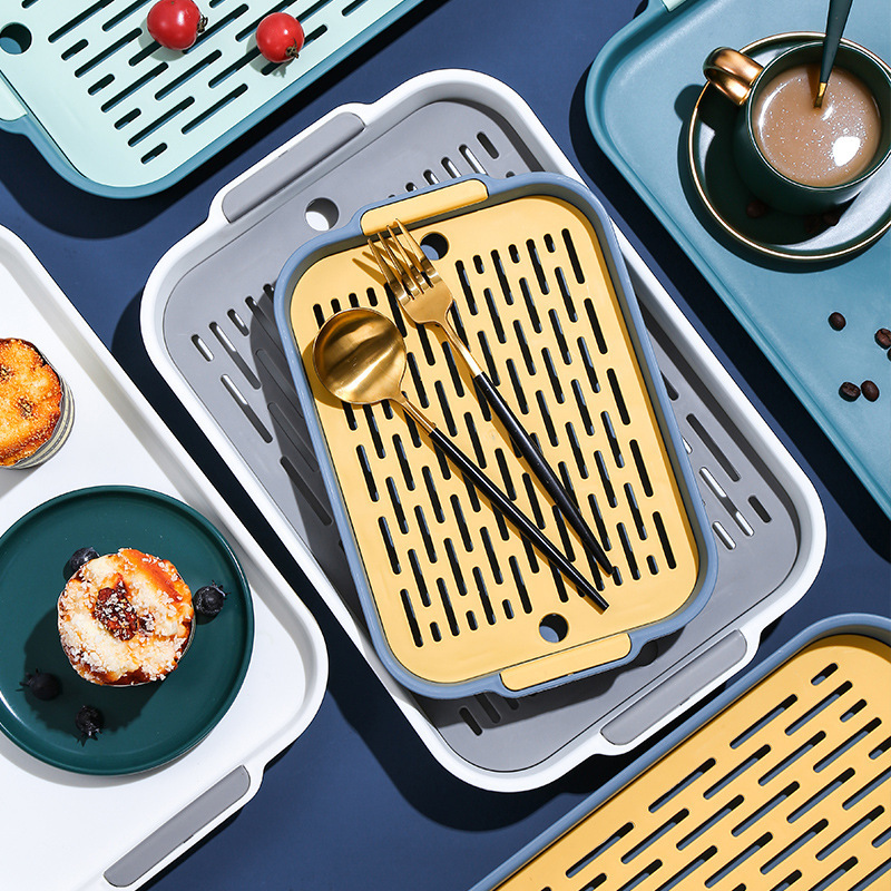 Bandeja de drenaje de vasos de agua bandeja de doble capa de la Sala de estar doméstica bandeja de té rectangular bandeja de frutas bandeja de comida creativa de plástico