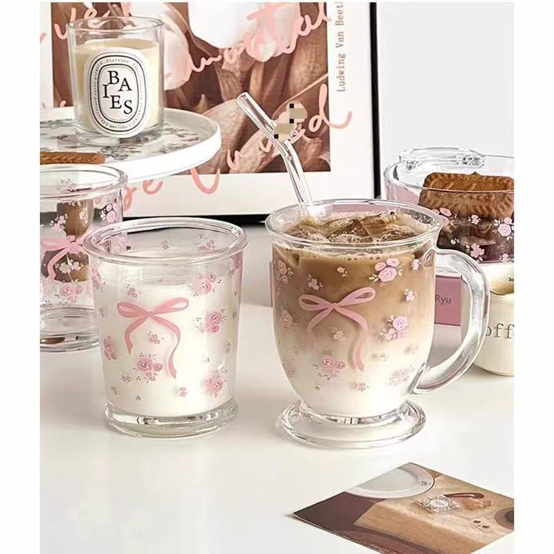 少女心INS法式玫瑰玻璃杯蝴蝶结碎花冷萃杯情侣牛奶杯咖啡早餐杯|undefined