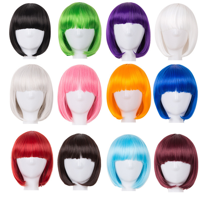 Cross-Border European and American Universal Cosplay Wig, Short Bob Wig with Bangs, High-Temperature Fiber, Performance Wig, Hair Styling