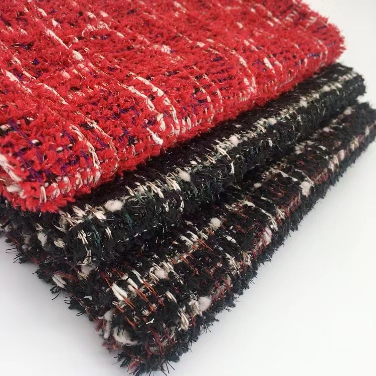 供应针织面料小香风混纺色织彩丝雪尼尔格纹粗针花式提花外套