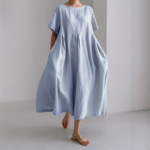 2026女装亚马逊女士纯色棉麻圆领短袖长款宽松摆连衣裙拼接设计