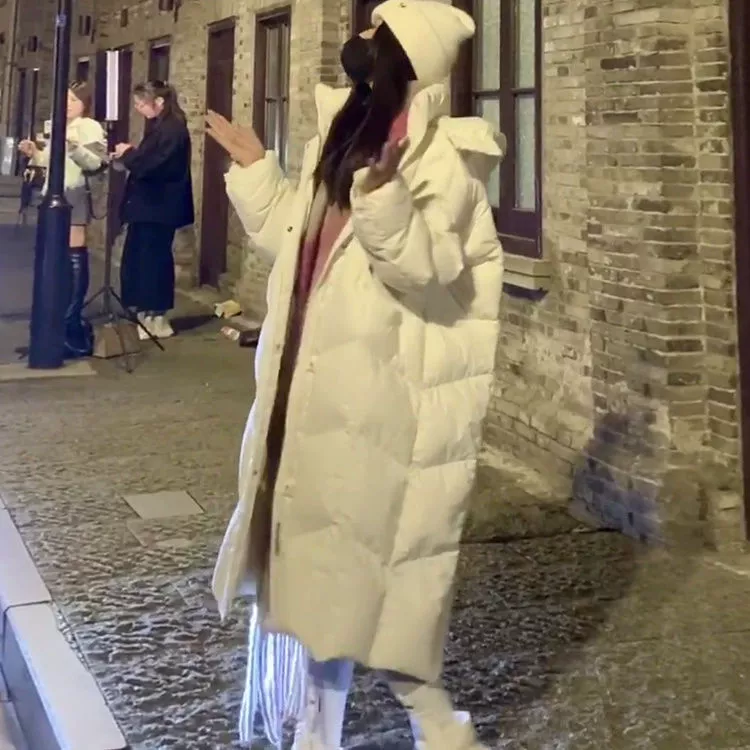 Long down jacket, Korean style, teen fit, hooded, off‑white or black