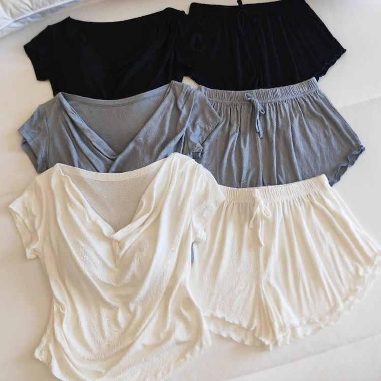 Solid Color Pajamas for Women, New Summer Style, Short-Sleeved with Chest Pads, Sexy and Pure Style, Can Be Worn Outside, Home Wear Set Solid Color Pajamas for Women, New Summer Style, Short-Sleeved with Chest Pads, Sexy and Pure Style, Can Be Worn Outside, Home Wear Set