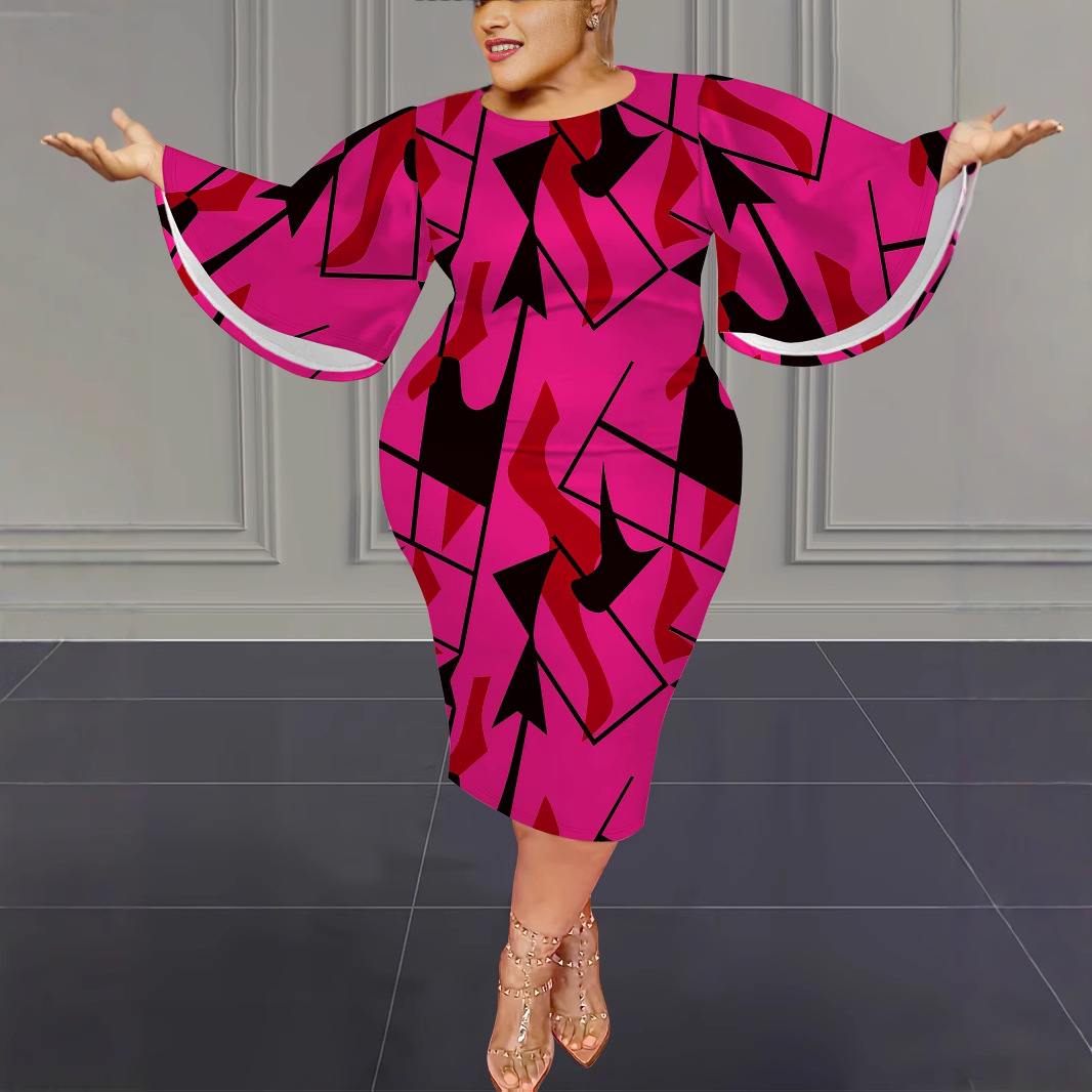 Flowy Bell Sleeve Midi Dress With All-Over Print, Plus Size A-Line Dress For Women, Elegant Casual Milk Touch Fabric Dress For Spring Autumn_ecoleips.com