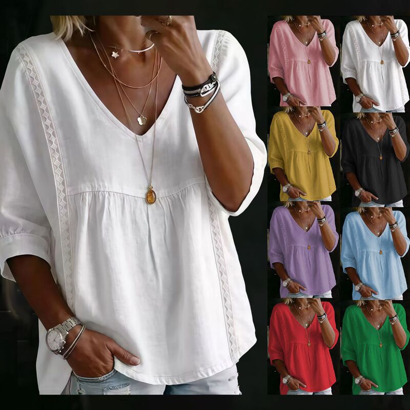 2026 Summer New European and American Cross-Border Foreign Trade Fashion Lace Splicing Three-Quarter Sleeve Women's Loose V-Neck Shirt Top