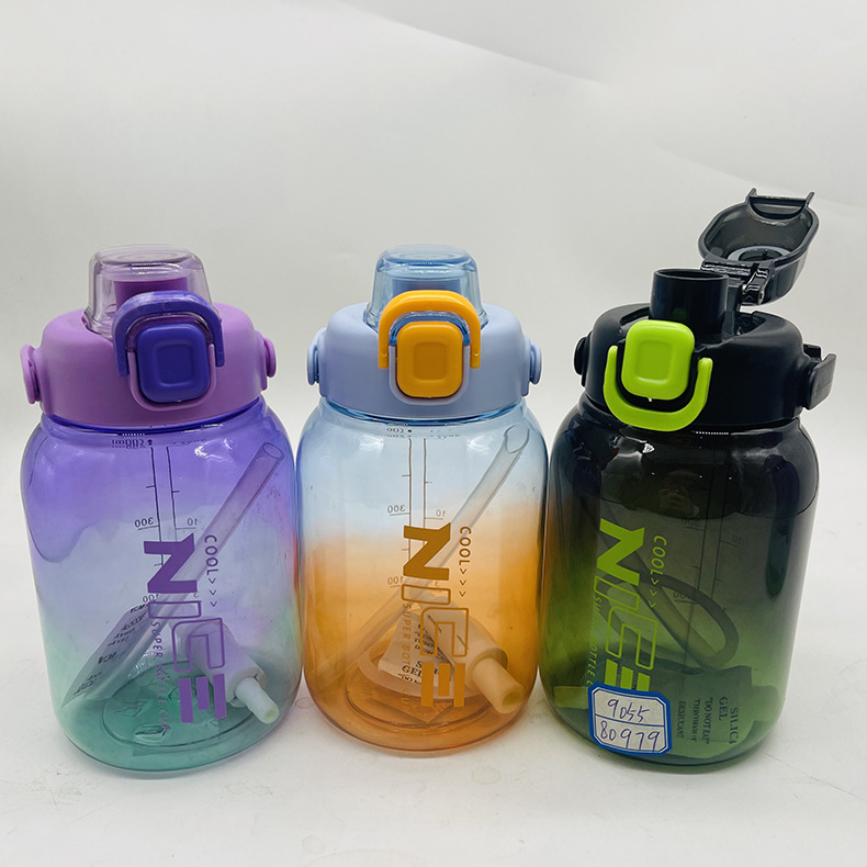 Veilon mano con paja taza de plástico 1000ml taza de plástico transparente gradiente calibración deportivo botella espacial