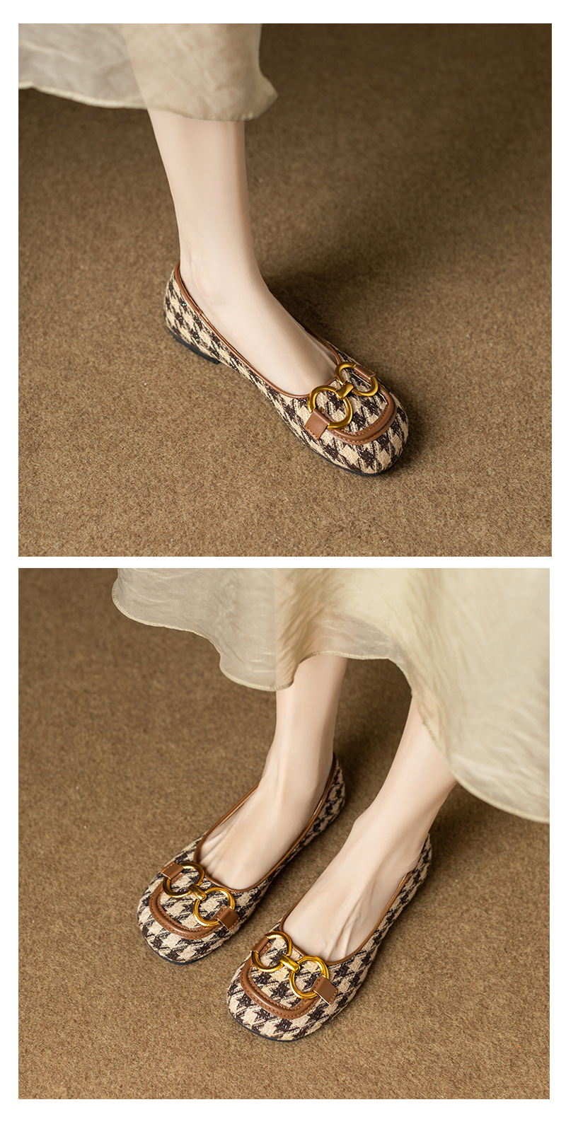 Damen Retro Karo Moccasins Mit Eckiger Kappe Und Schnalle_voghion.com