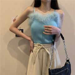 新款顯瘦百搭背心韓版辣妹性感短款無袖上衣潮純色毛絨吊帶女夏季