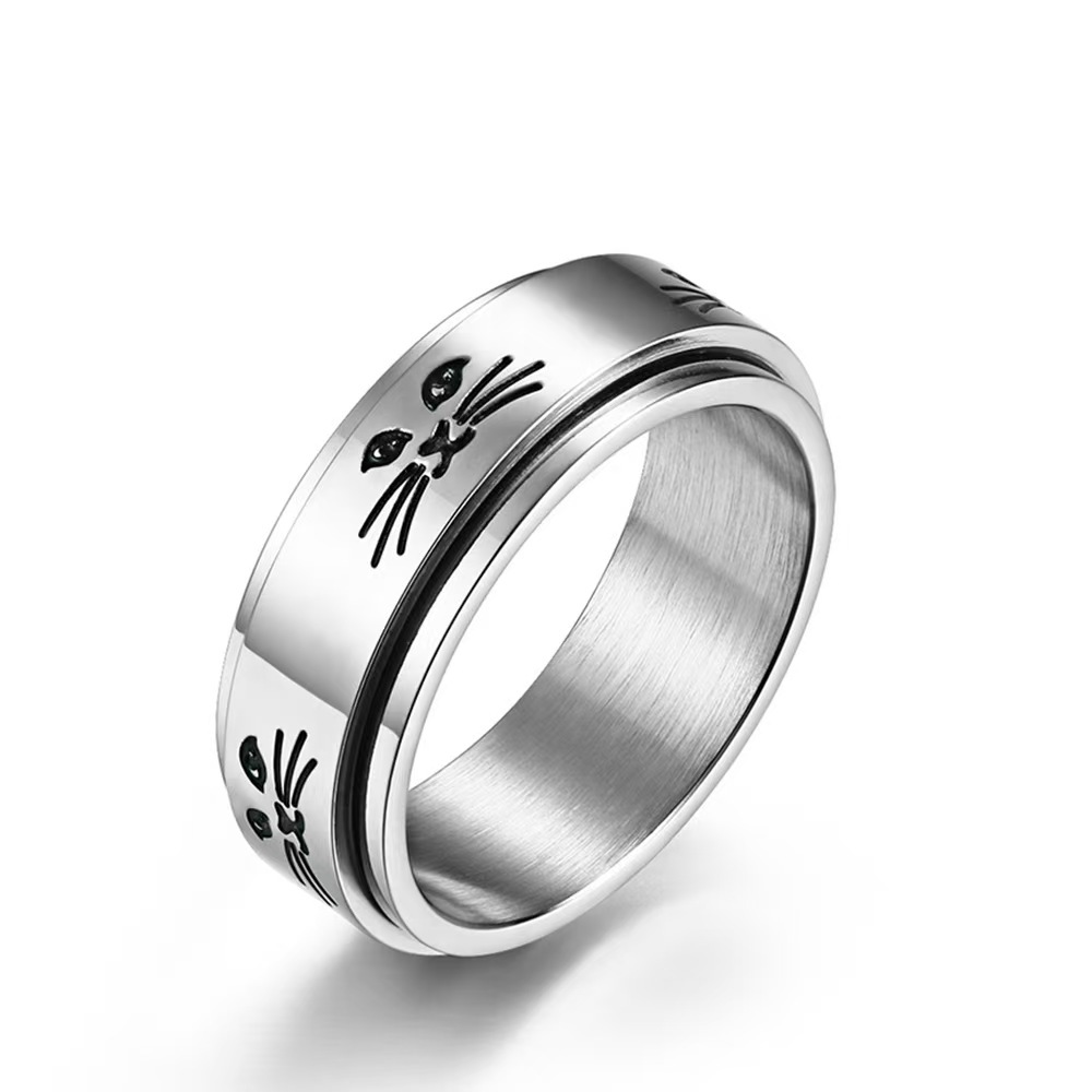 Cross-Border Trendy Titanium Steel Rotating Jewelry Stainless Steel Cat Ring Non-Fading Stress-Relief Men's Ring Couple's Ring