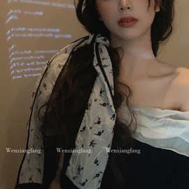 黑色玫瑰高级感丝巾小长条女春夏网红棉麻发带领巾搭配衬衫ins风