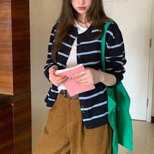复古条纹毛衣女韩版显瘦软糯开衫外套宽松秋冬新款针织衫上衣女