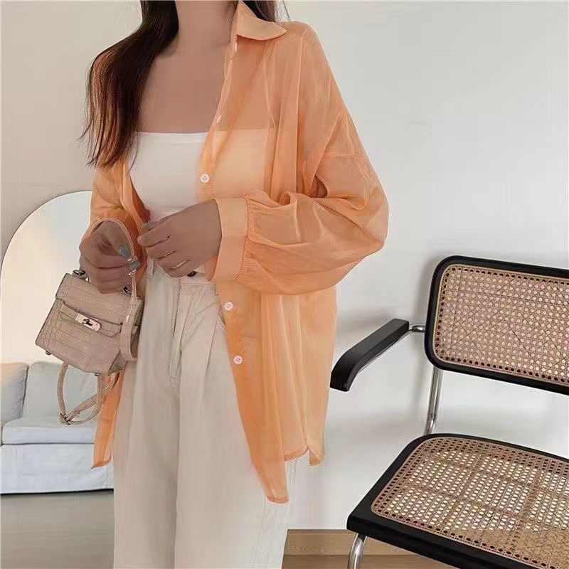 Hilo de perlas de diseño delgado micro-transparente de manga larga abrigo protección solar camisa Alibaba red al por mayor 1688