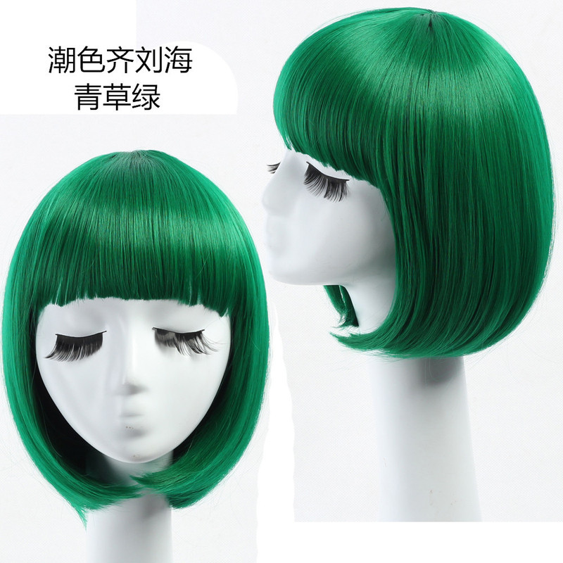 Cross-border Monopoly Green Short Bobo Wig Hair Cover with Bangs Wig Matte High Temperature Silk Comfortable and Breathable