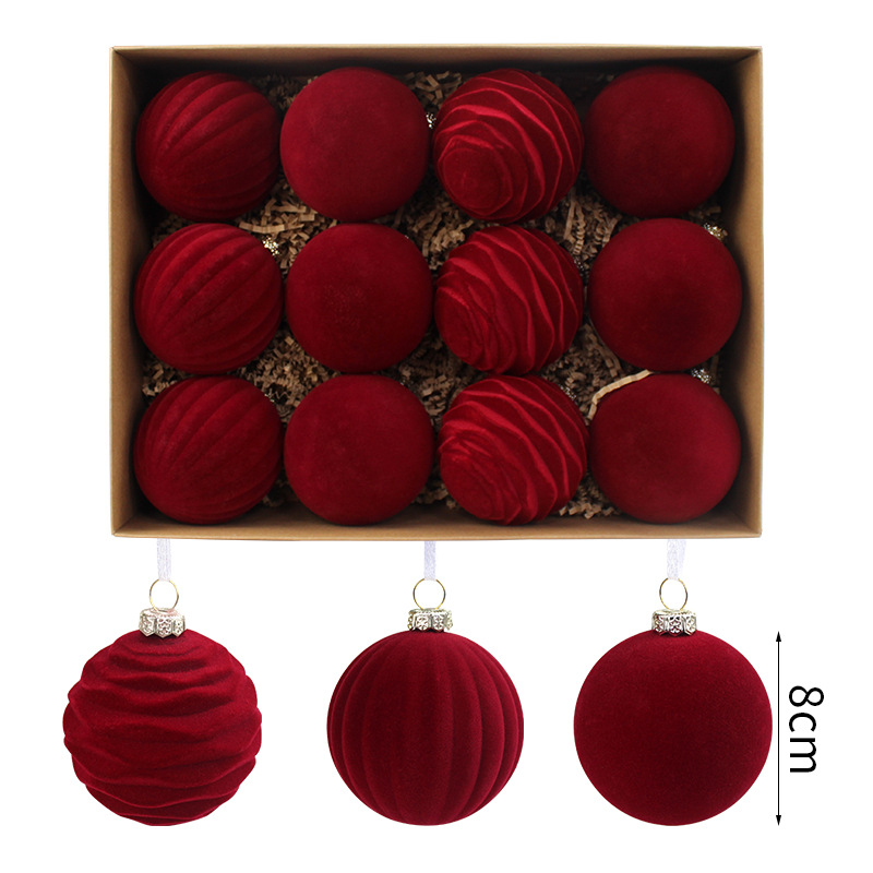 Nueva decoración navideña transfronteriza 8cm flocado bola de navidad árbol de navidad pequeño colgante decoración navideña navideña